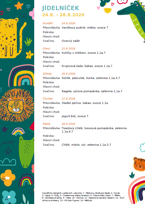 Jídelníček 24.8. - 28.8.2026